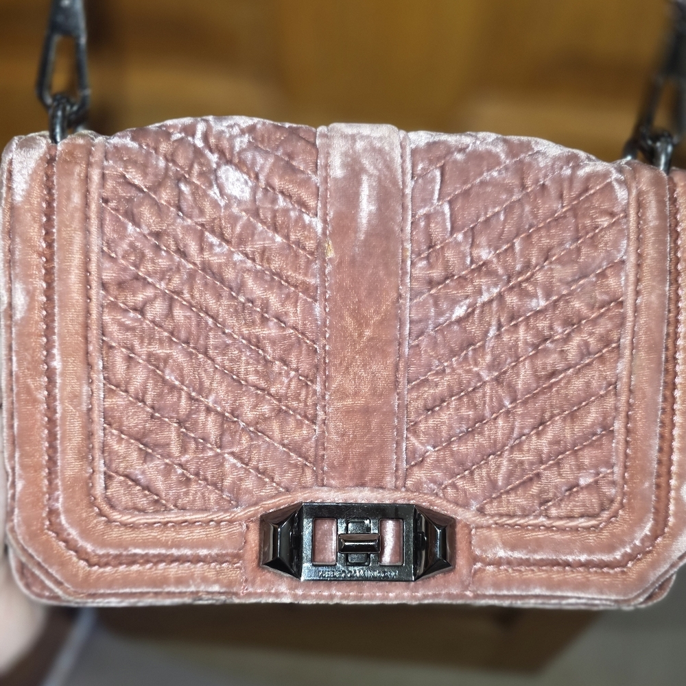 Rebecca Minkoff Velvet Quilted Love Mini Crossbody Bag Blush Pink Chain Strap